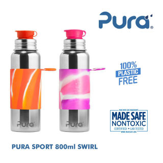 Pura Sport Edelstahl Flasche mit Silikon Sleeve Swirl und Big Mouth Sport Trinkverschluss 800 ml, plastikfrei