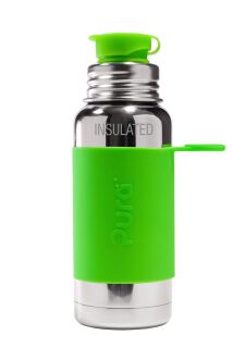 Pura Sport Edelstahl isolierte Sportflasche mit Silikon Sleeve und Big Mouth Sport Trinkverschluss 475 ml, plastikfrei Gruen